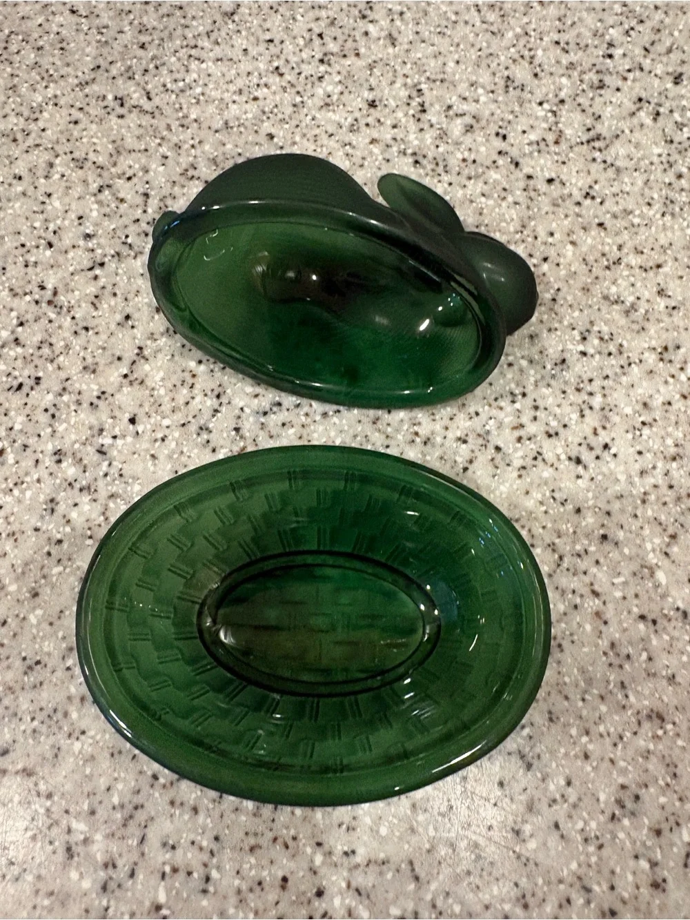Frosted dark green glass rabbit candy dish